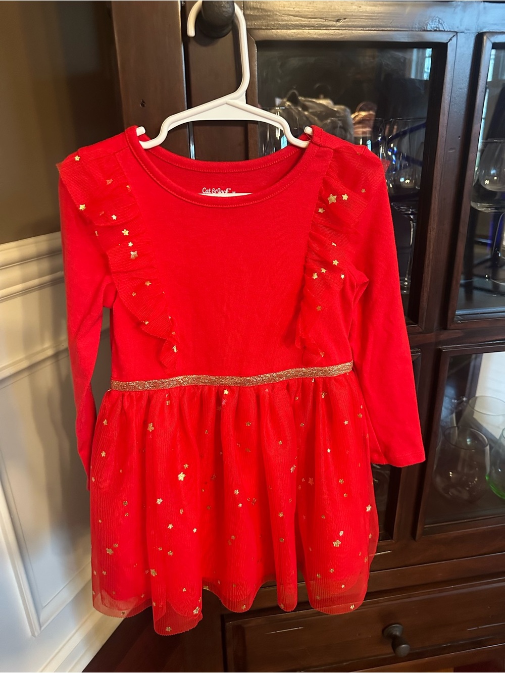 Cat & Jack Red Long-Sleeve Tulle Dress with Gold Star Accents
